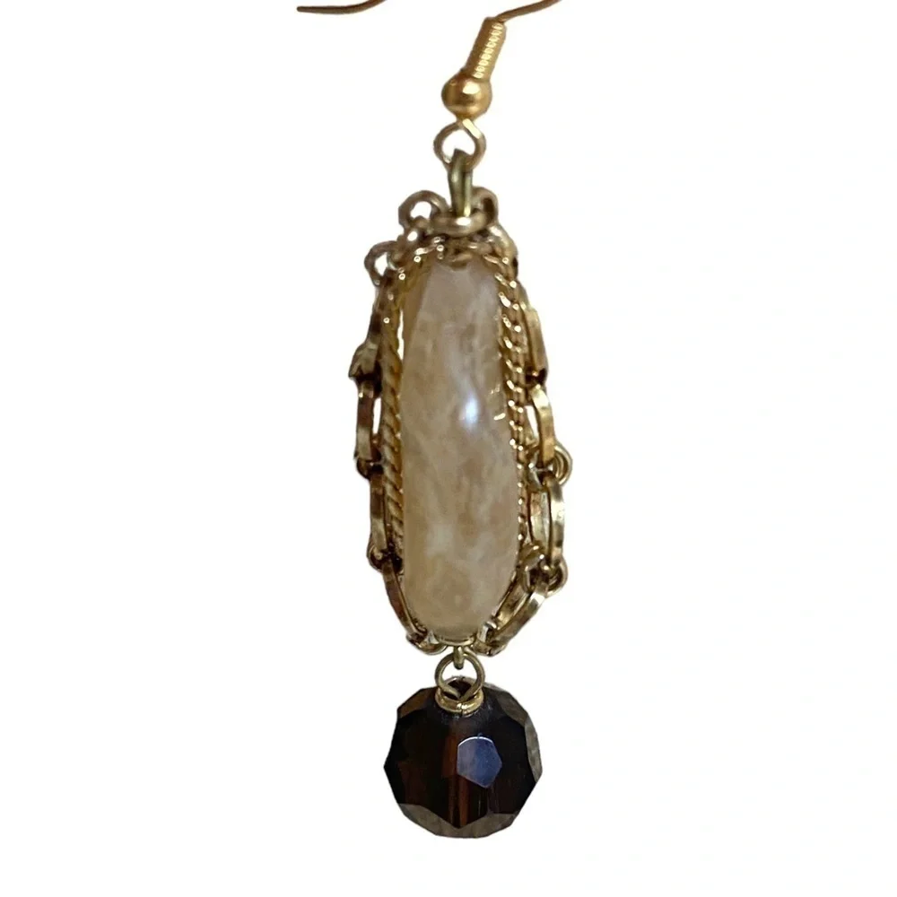 Statement Earrings Brown Beige Goldtone Link Chain Detail